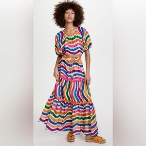 Farm Rio dancing stripes tiered maxi skirt